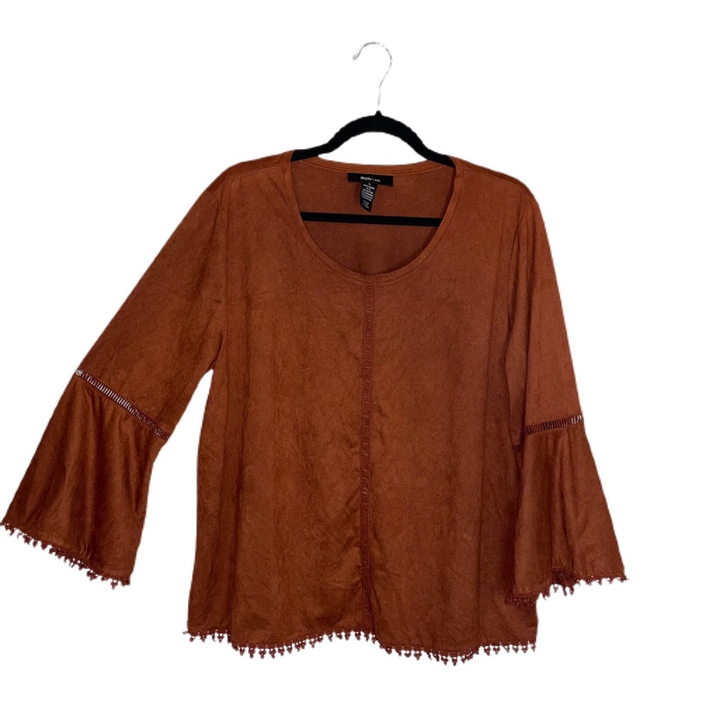 Style & Co Faux Suede Burnt Orange Bell Sleeve Boho Blouse Size L